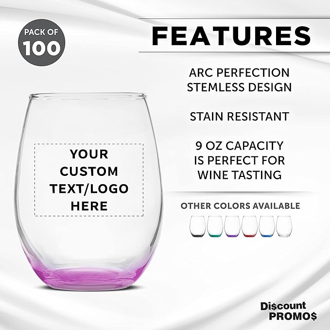 Custom Stemless Wine Glass 9 oz. Set of 100, Personalized Bulk Pack - Great for Wedding Favors, Bachelorette Party Decorations, Party Favors, Color Bottom - Pink