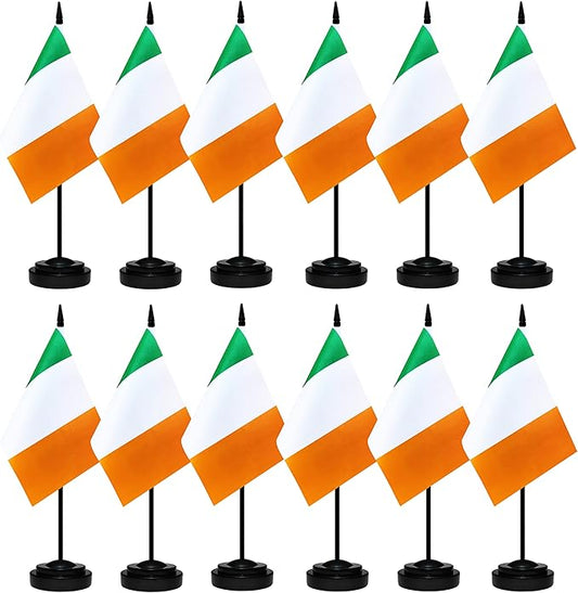 12 Pack Ireland Desk Flags Set, Irish Small Mini Table Office Flags With 12" Solid Black Pole, Black Base and Spear Top, Miniature Desktop Flag, Home Decoration, Office Decoration, Festival