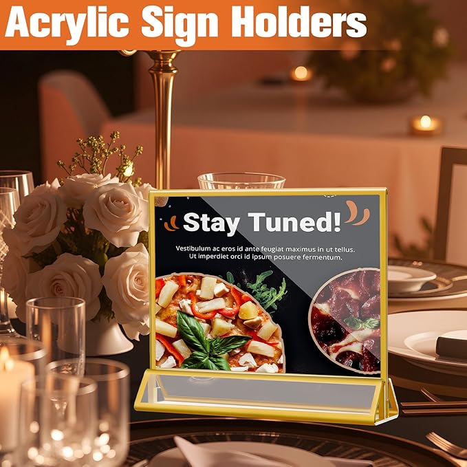 8 Pack Acrylic Sign Holders with Golden Border, Double Sided Clear Picture Frames, 6 x 4 Table Number Holders, Horizontal Menu Holders for Wedding Reception Art Display Party Decoration