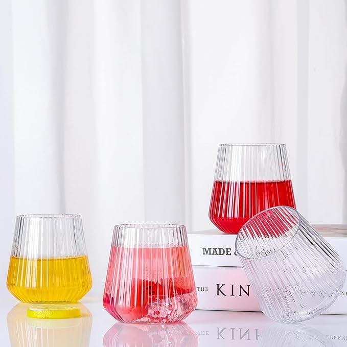 Suclain 100 Pack Plastic Wine Glasses Ribbed Stemless Wine Glasses 14oz Vertical Design Unbreakable Cups for Outdoor Indoor Vintage Elegant Champagne Whiskey Glasses for Christmas Party Wedding