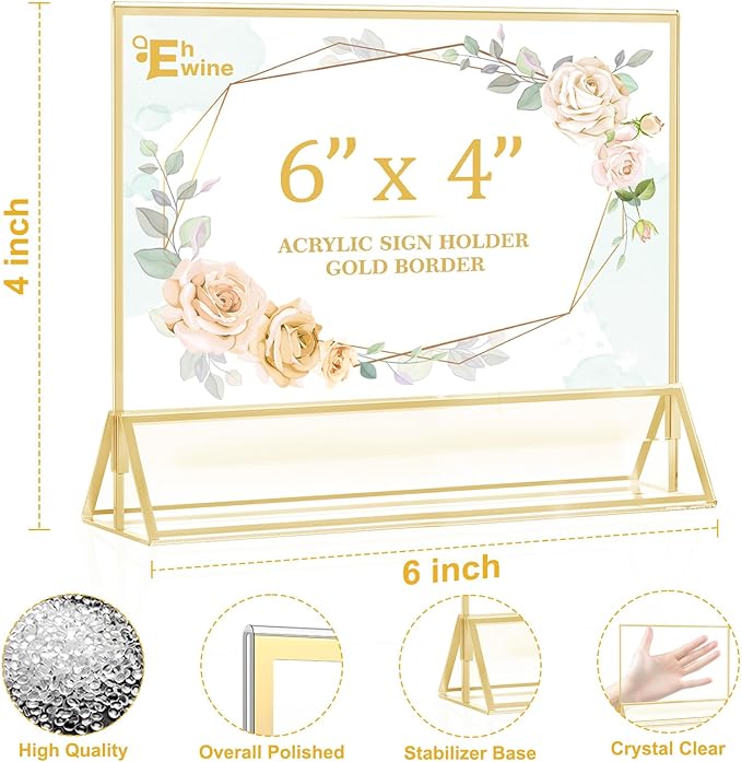 EHWINE 24 Pack Acrylic Sign Holder 4 x 6 Horizontal, Double-Sided Stand up Table Top Sign Holders, Gold Acrylic Picture Frame Menu Flyer Paper Holder Display Stand for Office Business Store Wedding Party