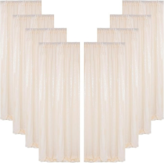 ShinyBeauty Ivory Backdrop 2FTx8FT Sequin Curtains 8 Pieces Photo Backdrops Glitter Photograph Background Beige Curtain Panles for Birthday/Baby Shower/Prom Decorations