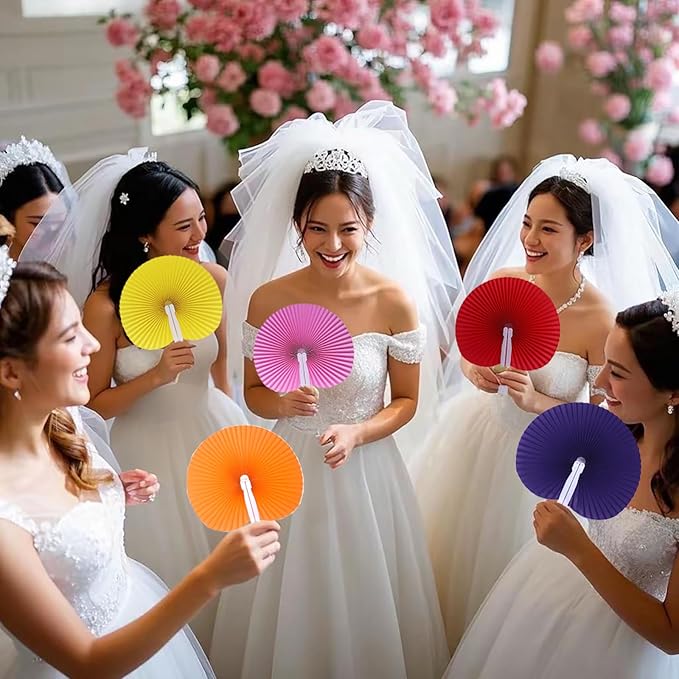 12 Packs Decorative Paper Folding Hand Fans Handheld,Green Round Foldable Wedding Fans Chinese and Japanese Fans Bulk for Bridal Guest Church Party Favors Dancing Birthday DIY
