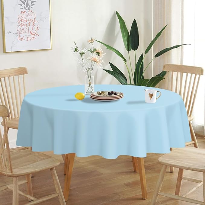 QIKSION Light Blue Round Tablecloth 6 Pack, 84 Inch Plastic Table Cover Disposable for Parties