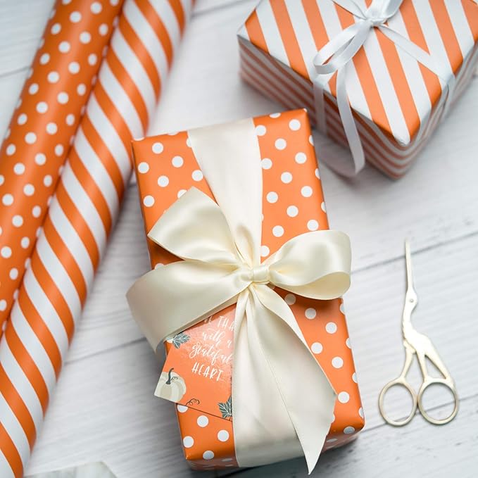WRAPAHOLIC Reversible Wrapping Paper - Mini Roll - 17 Inch x 33 Feet - Orange and Stripes Design for Birthday, Wedding, Baby Shower, Holiday