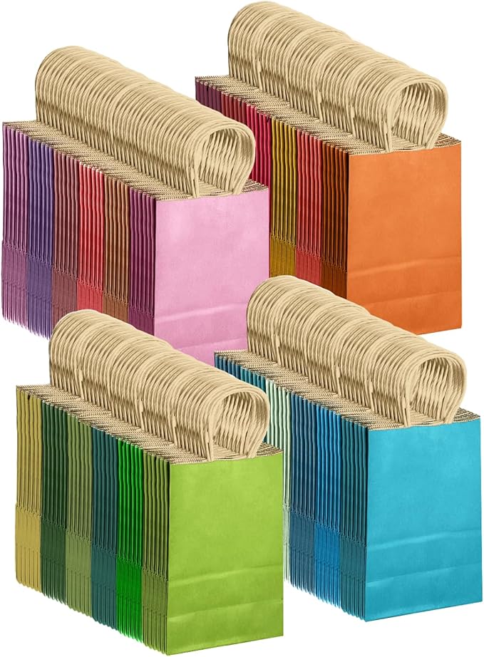 qiqee 24Pcs Small Gift Paper Bag with Handles Bulk - 8.3"x6"x3. 15" Rainbow Party Bags - Mulit Color