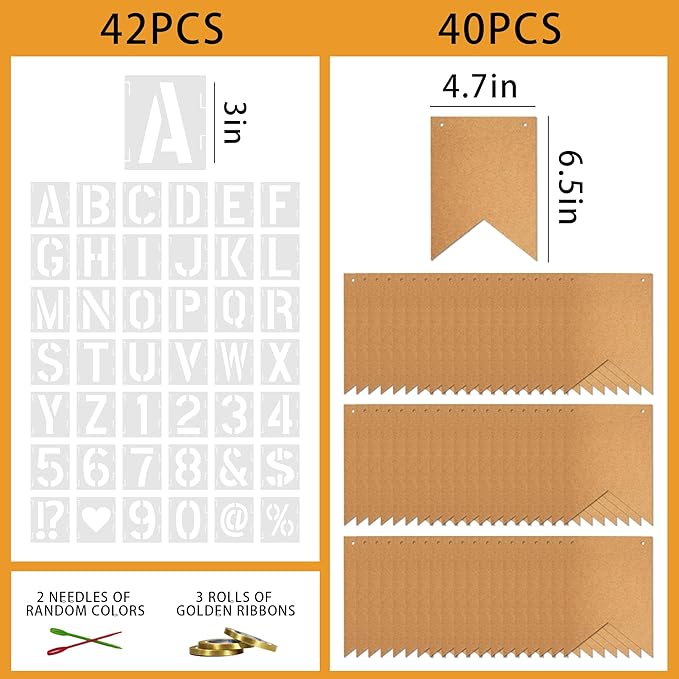 40 PCS DIY Custom Banner Set with Letter Stencils Ribbon, Customizable Party Sign Kit Blank Banner for Events Decoration Brown