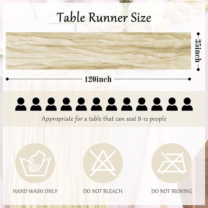 10-Pack Beige Cheesecloth Table Runners – 10FT (35x120 Inch) Boho Rustic Gauze Fabric Cheese Cloth Table Runner for Weddings, Baby Showers, Bridal Shower, Farmhouse & Birthday Party Decor