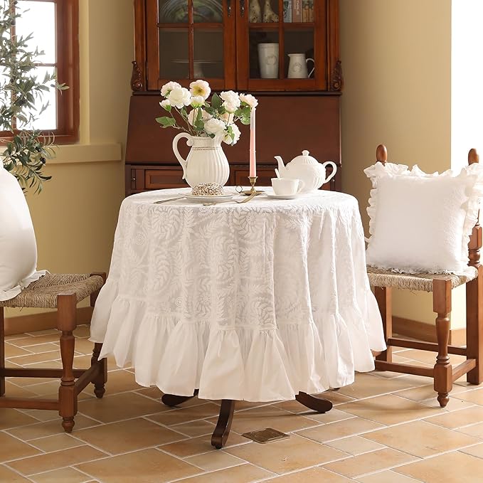 patdrea Vintage Ruffle Tablecloth for Round Tables,Farmhouse Embroidered Cotton White Lace Table Cloth Cover Decor for Dining Room Wedding Banquet Thanksgiving Christmas,Dimaeter 67"