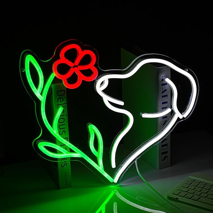 Cute Dog Neon Sign LED Flower Neon Light Suitable for Wall Decor Powered by USB Dimmable Love Dog Light Up Sign for Pet Shop Flower Shop Bedroom Gifts For Lover(15.7 * 12.4In)