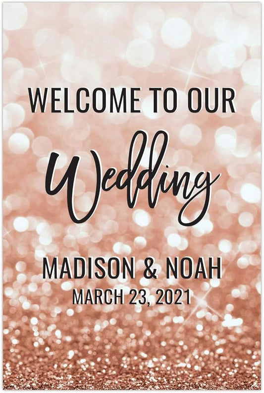 Andaz Press Personalized Extra Large Wedding Easel Board Party Sign, 12x18-inch, Glitzy Faux Rose Gold Glitter, Welcome to Our Wedding Bride Groom Name Date, 1-Pack, Custom