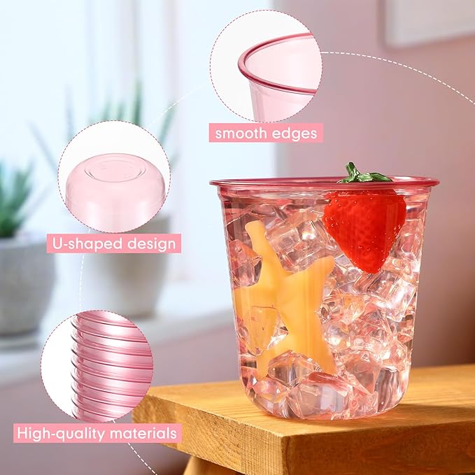 50 Pcs Disposable Stemless Glasses 12oz Crystal Plastic Wine Glasses Clear Classic Pet Cup for Meeting Weddings Birthdays Cocktail Christmas Party Supplies (Pink)