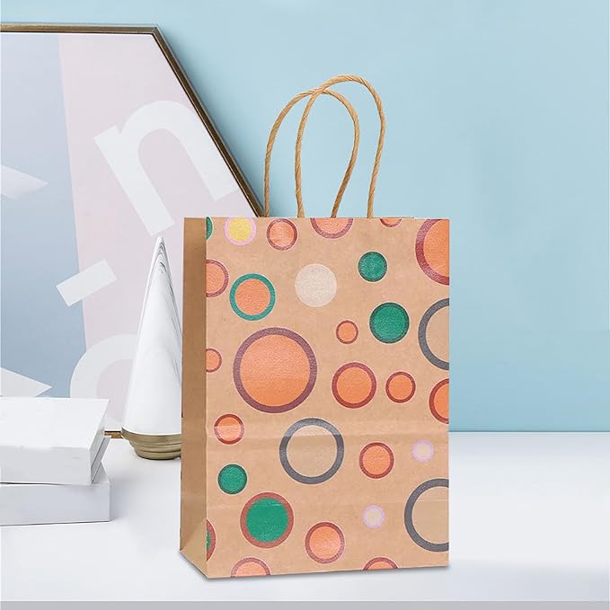 piqiya 24pcs Vintage Polka Dot Gift Bags with Handles,Colorful Dots, Circles, Spots Pattern Kraft Paper Bags for Clown Joker Party,Birthday Gift Wrap,Goody Treat Bags