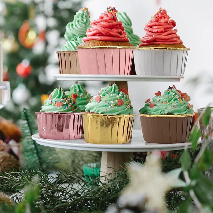 Foil Cupcake Liners with Lids 100Pack,Free-Air 3.5Oz Mini Muffin Liners Cupcake Baking Cups,Disposable Muffin Tins Cupcake Wrappers for Wedding Birthday Party, with Spoons-Champagne