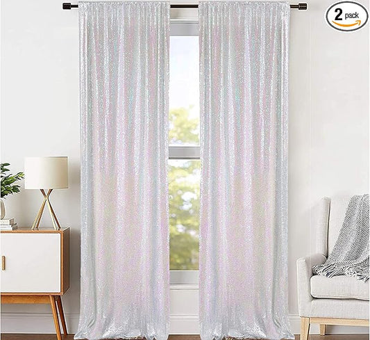 JYFLZQ White Iridescent Sequin Backdrop Curtains 2ft x 8ft 2 Panel Glitter Photo Booth Backdrops Sparkly Photography Background Drapes for Parties Wedding Bridal Showers