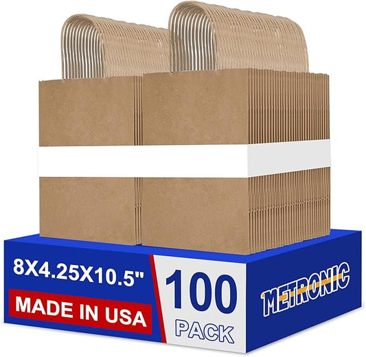 METRONIC Paper Gift Bags 8x4.25x10.5 100Pcs Brown Paper Bags with Handles Bulk, Kraft Paper Bag for Small Business, Birthday Wedding Party Favor, Christmas, Retail shopping Bag, Made in USA