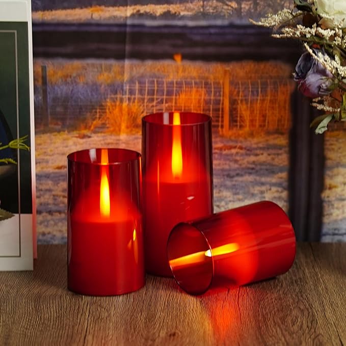 Flameless LED Candles, Upgraded Realistic Flickering Flame Pillar Battery Operated Candles with Remote Timer, Acrylic Electric Set of 3 for Home Decoration and Holiday Celebrations（Red）