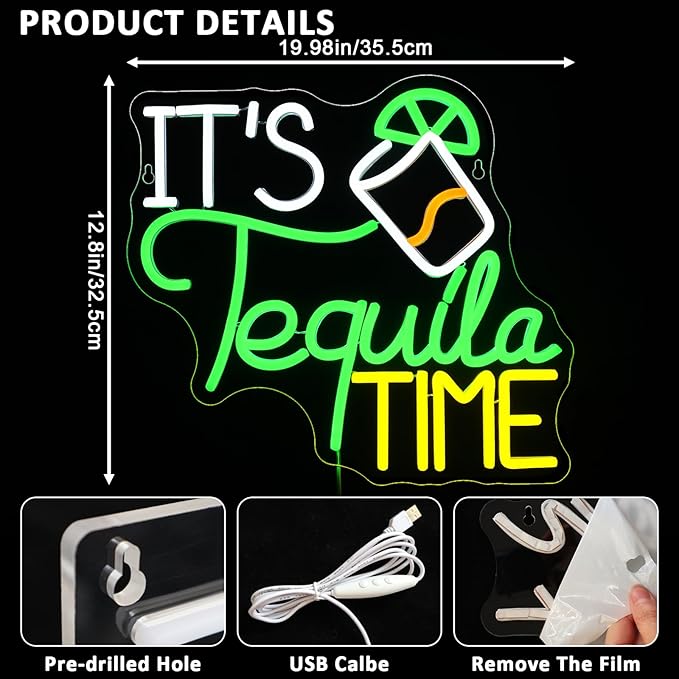 It Is Tequila Time Neon Sign for Wall Decor, Tequila Led Signs, USB Dimmable Neon Lights for Beer Bar Kitchen Restaurant Home Pub Party Man Cave Club Shops Hotel Store Business Gift