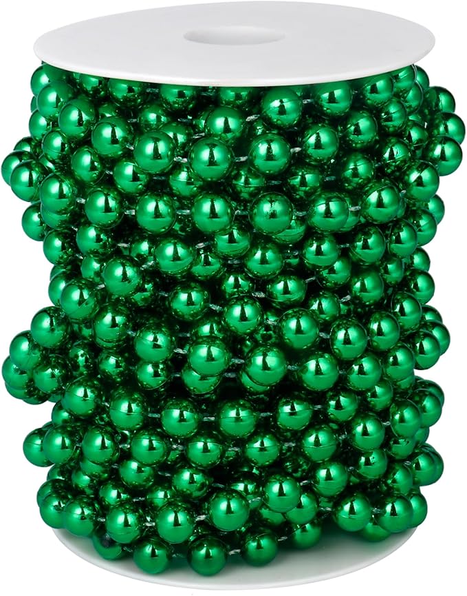 [33 Feet] Green Pearl Beads Garland, 10MM 11 Yards Green Faux Pearl Beads String Roll Bulk for DIY Craft Christmas Tree Wedding Party Decoration