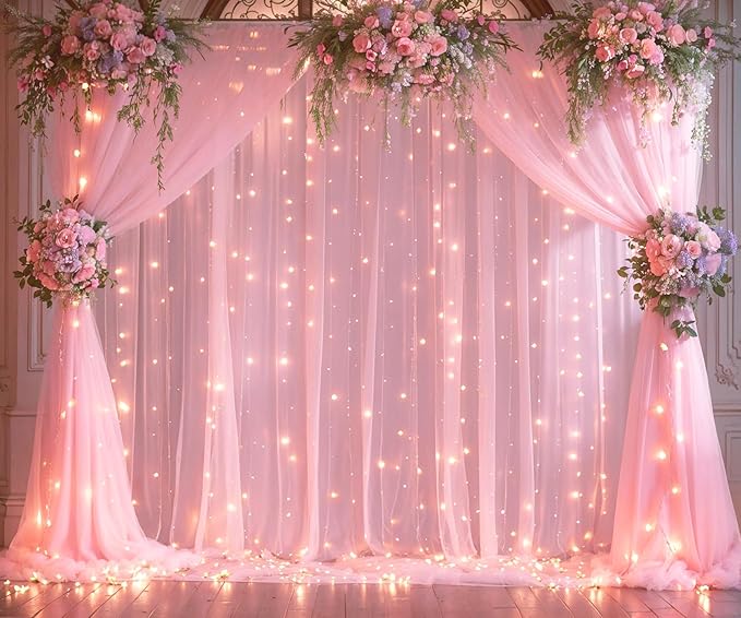 10ft x 10ft Pink Tulle Photo Backdrop Curtain with Lights String for Parties Wedding Sheer Baby Pink Curtain Backdrop for Birthday Party Baby Shower Photo Booth Photography Background Decorations