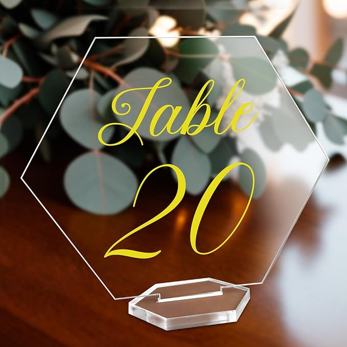 OurWarm Large Acrylic Wedding Table Numbers 1-20, Elegant Printed Calligraphy Place Cards with Stand, Hexagon Multi-functional Clear Acrylic Sign and Holder, Ideal for Wedding Reception Events