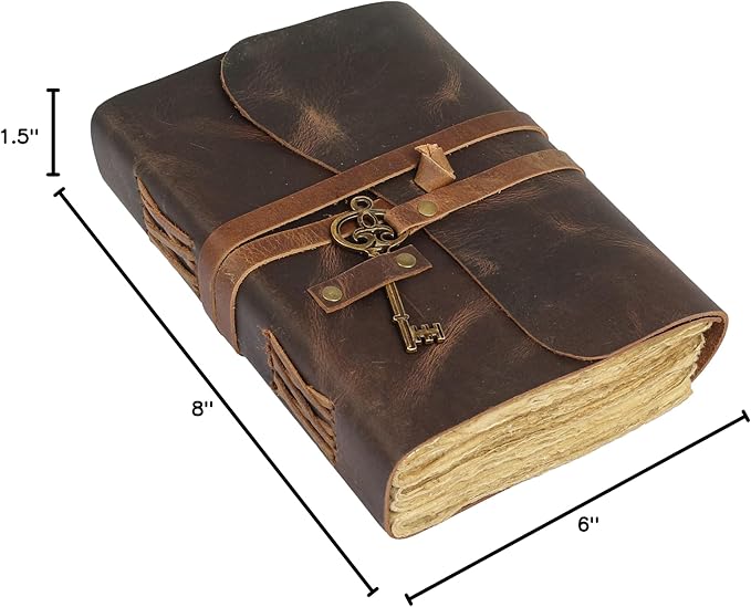 Leather Journal with Lined and Unlined Deckle Edge Paper 8x6 inch and Vintage Key | Handmade Writing Notebook Diary | Bound Daily Notepad for Men & Women Medium, Sketch/Writing pad for Artists