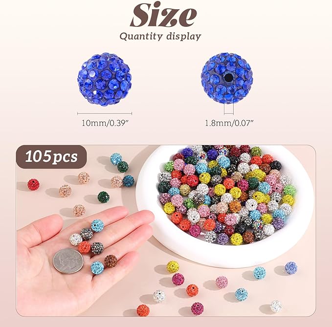105pcs 10mm Rhinestone Beads for Jewelry Making, White Mixed Shiny Round Disco Ball Beads Bulk, Sparkle Crystal Clay Christmas for Bracelet Baseball Necklace Earring Crafting and DIY