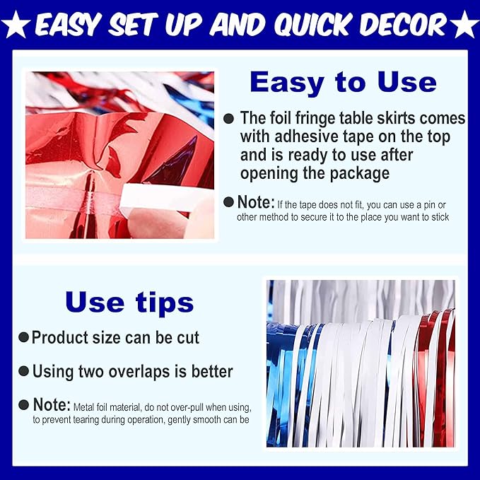 3 Pack 29 x108 Inch White Blue Red Foil Fringe Table Skirts Metallic Banner for Tinsel Streamer Garland Backdrop for Parade Floats Mother's Day, Graduate, Birthday, Wedding Party Decoration
