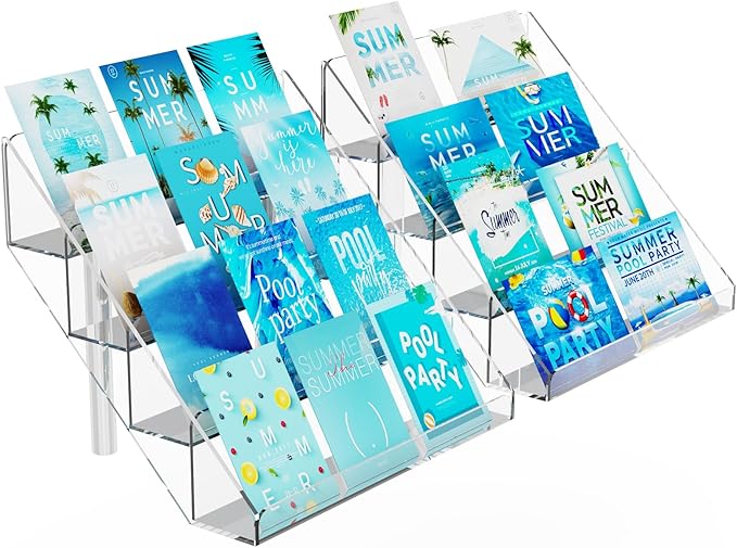 PecMuikee Greeting Card Display, 4 Tiers Clear Acrylic Sticker Display Stand for Vendors Retail, Display Photo Stand for Counter Tabletop Display Supplies, 2 Sets