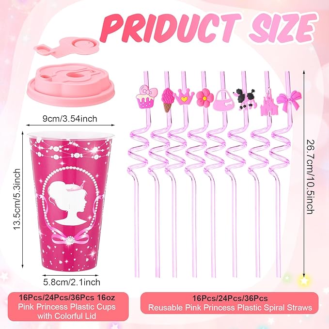 Yungyan 36 Sets Hot Pink Girl Party Favors Goodie Cups with Lids and Straws for Birthday Decorations Reusable 16oz Plastic Candy Cups Plastic Straws for Birthday Party (Pink Princess)