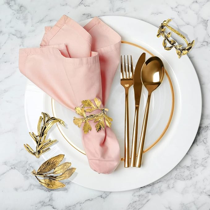 Cunhill 8 Pieces Herb Napkin Rings Set Vintage Leaf Napkin Holders Rings Glossy Holder Adornment Metal Table for Graduation Holidays Wedding Graduation Party Decor Everyday Use(Gold)