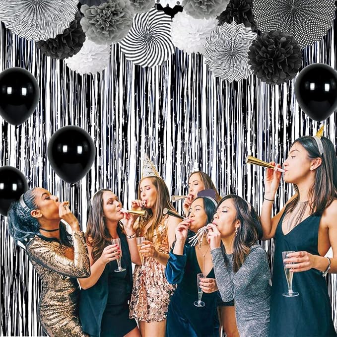 BEISHIDA 4 Pcs Black Door Streamers Tinsel Curtain Party Streamers Backdrop Fringe Foil Wall Background for Birthday Halloween Christmas Wedding Party Decoration(3.28 ft x 6.56 ft)