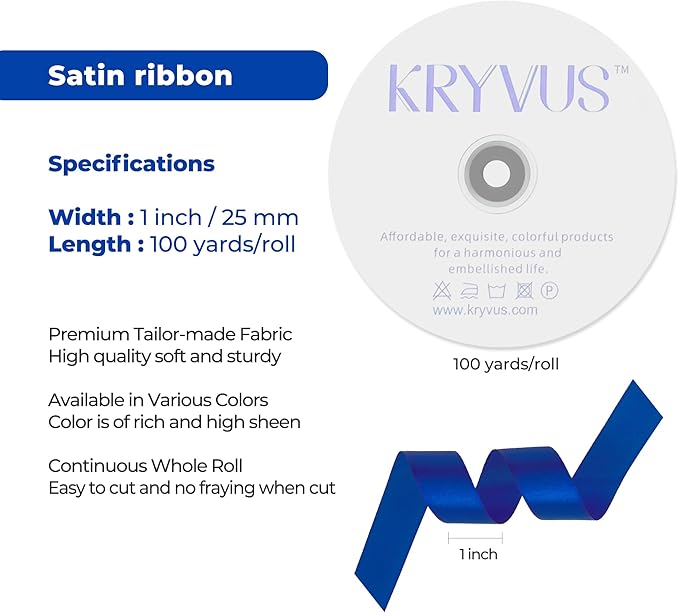 Dark Royal Blue Satin Ribbon 1 inch X Continuous 100 Yards, Single Face Polyester Ribbon Perfect for Gift Wrapping, Flower Bouquet, Wedding Decor, Crafts, Bow Making, Sewing and More