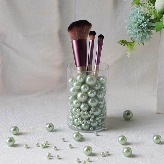 260Pcs Greygreen Glossy Beads for Centerpiece Decor, Artifical Pearls Vase Filler, Makeup Brush Beads, No Hole Round Pearl Beads for Wedding Birthday Christmas Party Home Decor(18mm 14mm 6mm)