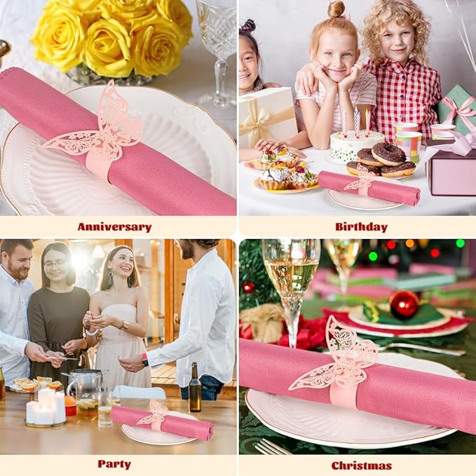 100 Pcs Napkin Rings Laser Cut Butterfly Shape Foil Paper Napkin Holder for Weddings Party Serviette Table Decoration Restaurant (Pink)
