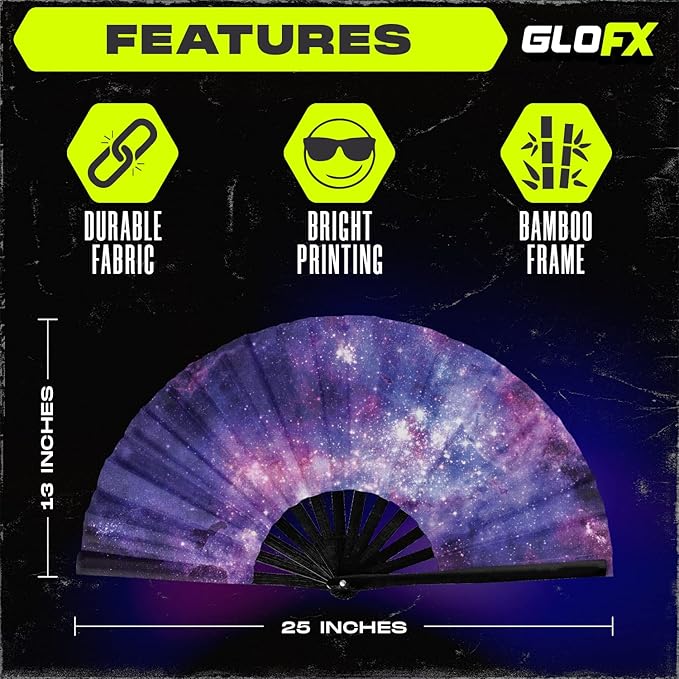 GloFX Folding Fan - Galaxy - Large Rave Clack Folding Hand Fan for Men/Women - for EDM, Music Festival, Club, Event, Party, Dance, Performance, Decoration, Gift