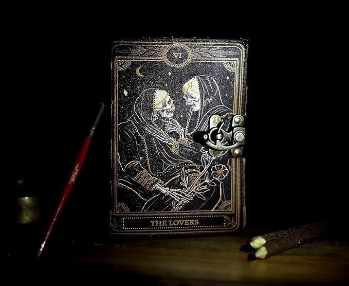 C CUERO Book of Spells Leather Journal Deckle Edge Paper Grimoire Printed Journal The Lovers Tarot Notebook Spiral Gothic Notebook Skull lover Antique Vintage Leather Journals for Men and Womens 10