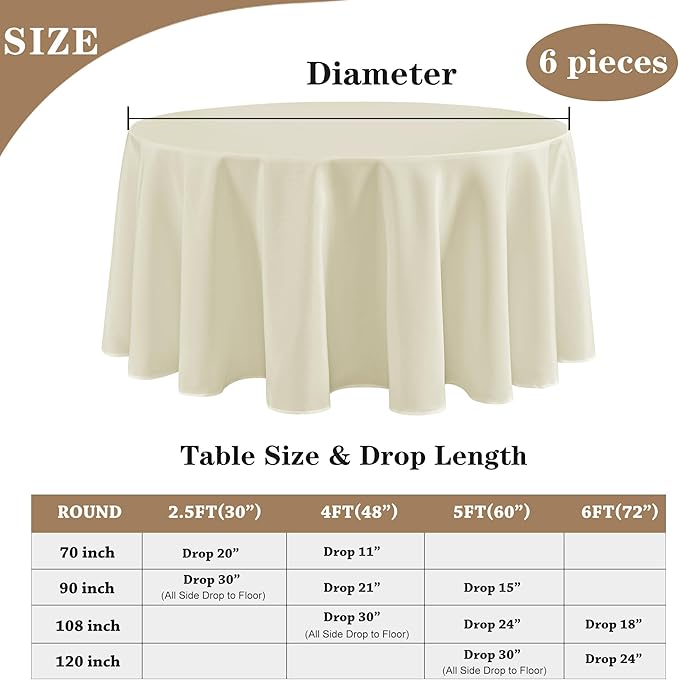 Fitable 6 Pack Ivory Round Tablecloths - 120 Inches in Diameter - Stain Resistant and Washable Table Clothes, Polyester Fabric Table Covers for Wedding, Party, Banquet, Formal Events
