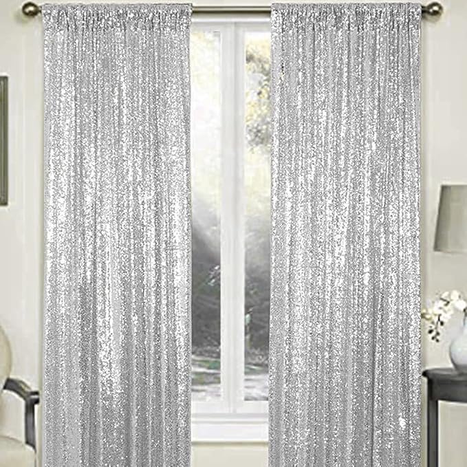 Silver Sequin Backdrop Curtains 2 Panels 4FTx8FT Wedding Photo Backdrop Drapes Glitter Birthday Bridal Party Curtains Sparkle Background Party Decor Curtains