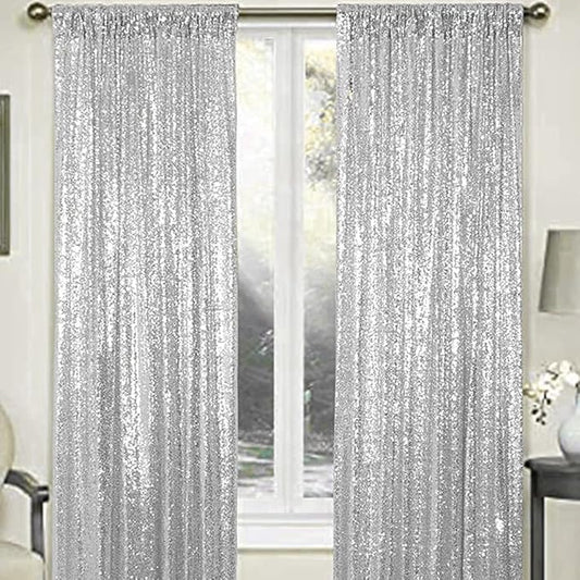Silver Sequin Backdrop Curtains - 2 Panel 2FTx8FT Glitter Drapes for Wedding, Birthday, Bridal Party