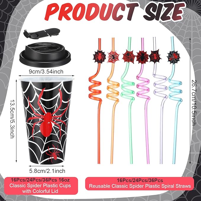 Yungyan 24 Sets Spider Party Favors Goodie Cups with Lids and Straws for Halloween Party Decorations Reusable 16oz Plastic Candy Cups Plastic Straws for Birthday Gift (Spider)