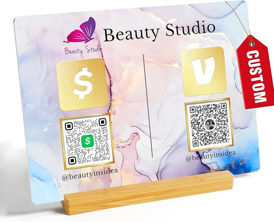 Personalized Custom Metal QR Code Sign Venmo Cashapp Scan to Pay with Stand Instagram Facebook Social Media QR Signs Bar Code QR Plaque Print for Business Salon Beauty Store Restaurant Wifi Sign (Horizontal 2)