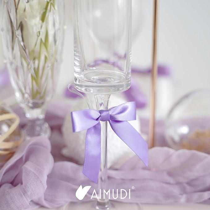 AIMUDI Lavender Satin Ribbon Twist Tie Bows 2.5" Purple Pretied Bows Premade Craft Bows for Treat Bags Cake Pop Gift Wrapping Basket Wedding Favors Cookie Candy Bagging Baby Shower - 50 Counts