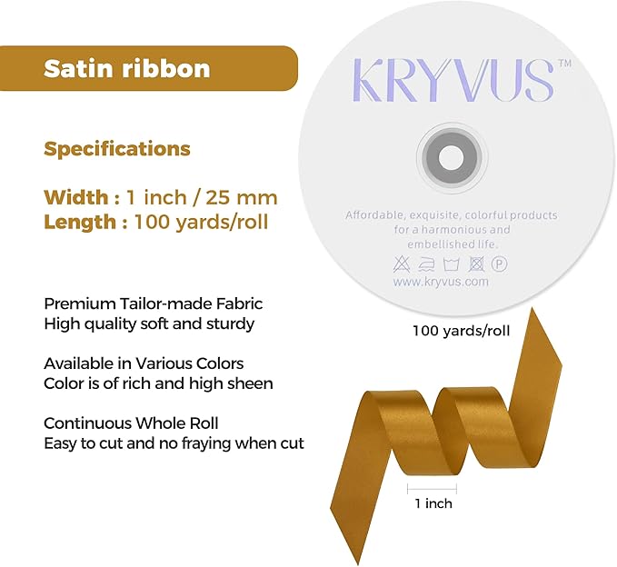 Gold Satin Ribbon 1 inch X Continuous 100 Yards, Single Face Polyester Ribbon Perfect for Gift Wrapping, Flower Bouquet, Wedding Decor, Crafts, Bow Making, Sewing and More