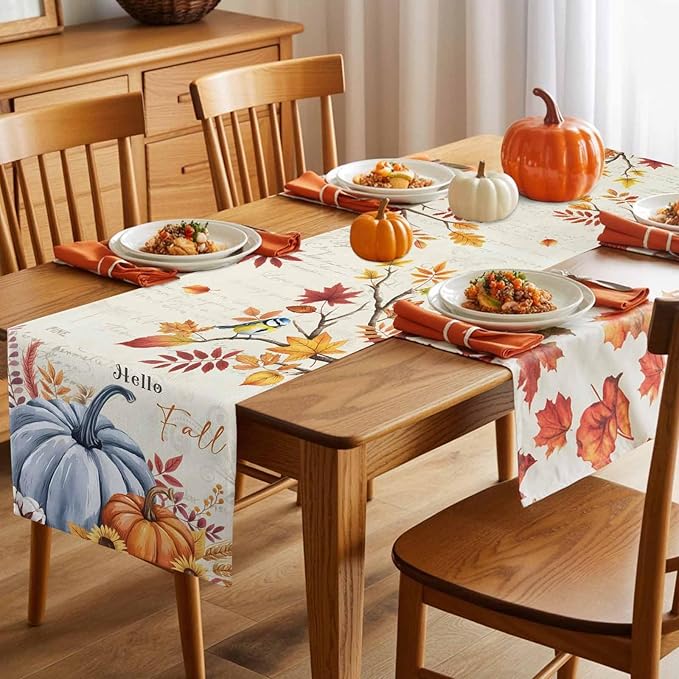 Thanksgiving Fall Cotton Linen Table Runner for Dining Kitchen, Blue Pumpkins Rustic Wedding Outdoor Party Autumn Tablerunners Decoration, Leaves Dresser Scarf Coffee Tablecloth Runners 13x72 Inches