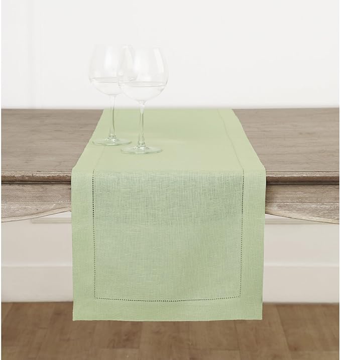 Solino Home Linen Sage Green Table Runner 144 Inches Long - 100% Pure Linen Extra Long Table Runner 14 x 144 Inch for Fall, Autumn, Thanksgiving - Classic Hemstitch