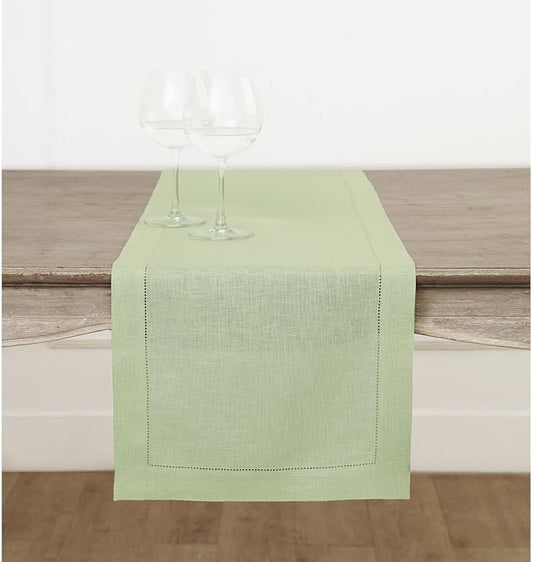 Solino Home Linen Table Runner 36 Inches - 100% Pure Linen Sage Green Hemstitch Table Runner 14 x 36 Inch Ideal for Dresser and Coffee Tables - Fall, Thanksgiving, Christmas - Classic Hemstitch