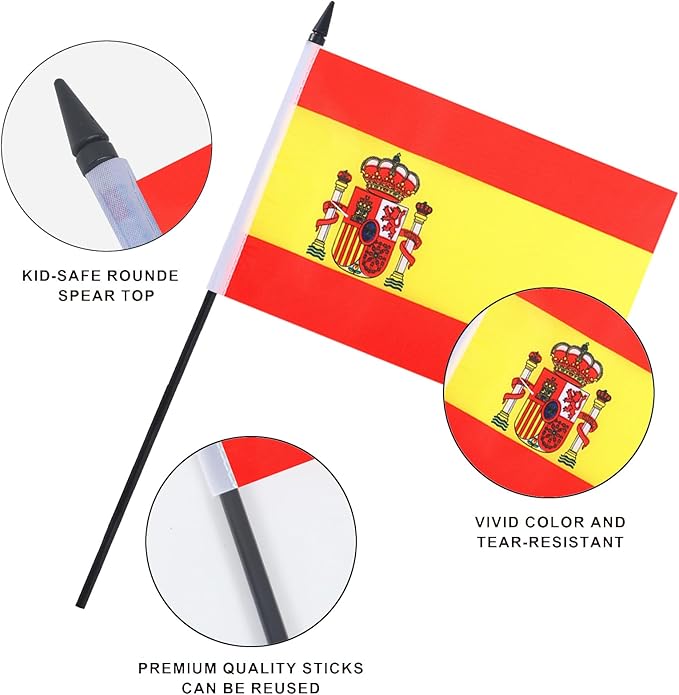 Spain Desk Flag 12" Solid Pole Deluxe Set Spanish Flags Banner Mini Small Spain Office Table Flags with Black Stand Base Desktop Decorations(2Pack)