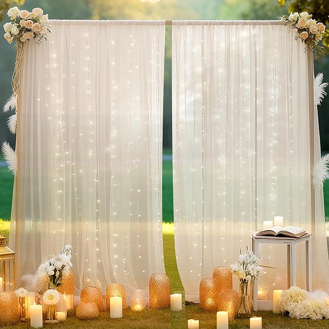 10×10ft Tulle Backdrop Curtains with Lights String - 300LED Fairy Lights Sheer Curtain Backdrop for Weddings Baby Shower and Birthday Party Decorations(2 Panels 5×10ft)