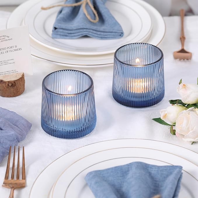 DARJEN Blue Ribbed Tealight Votive Candle Holders Set of 10- Votive Candle Holders for Table Centerpiece, Tea Light Candle Holder Glass for Wedding and Home Decor, Blue Decor and Gifts